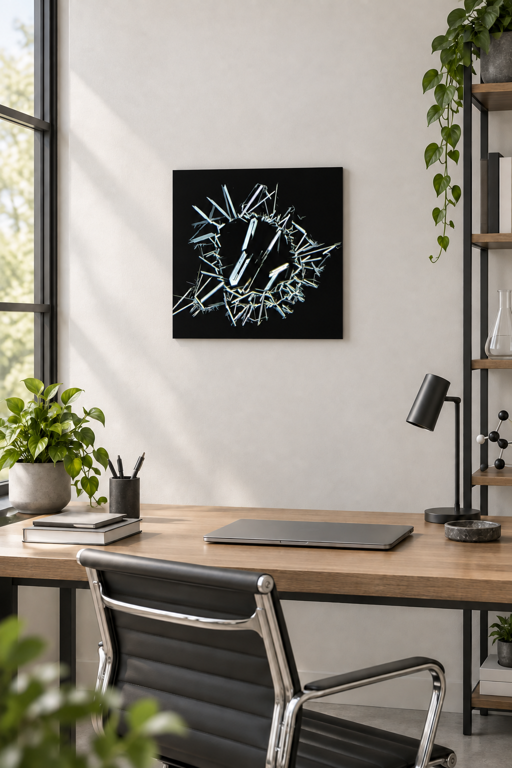 Harnstoff mit Weinsäure als echtes Mikrokristall-Wandbild auf Forex im Format 60 × 60 cm über einem Schreibtisch – Raumdarstellung als Mockup