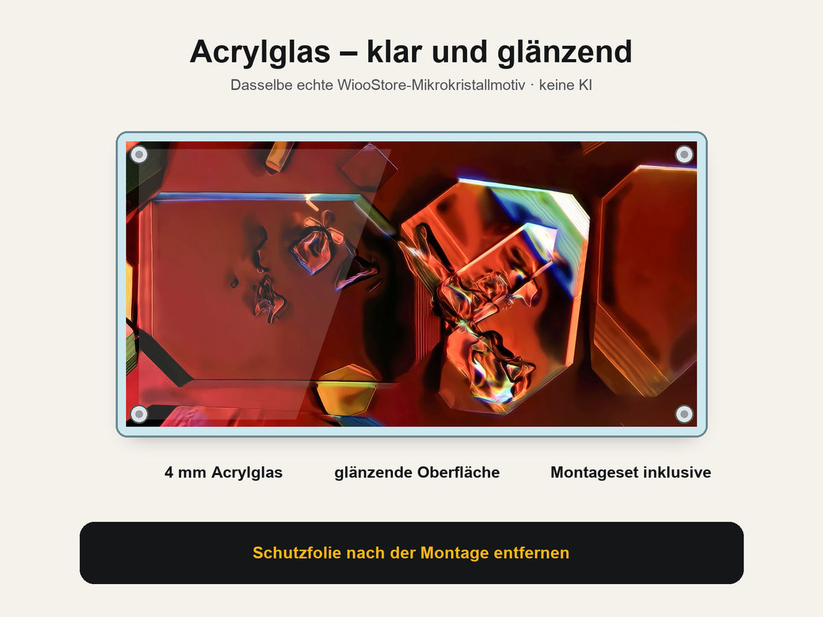Acrylglas-Wandbild mit echtem WiooStore-Mikrokristallmotiv: 4 mm, glänzende Oberfläche und Montageset