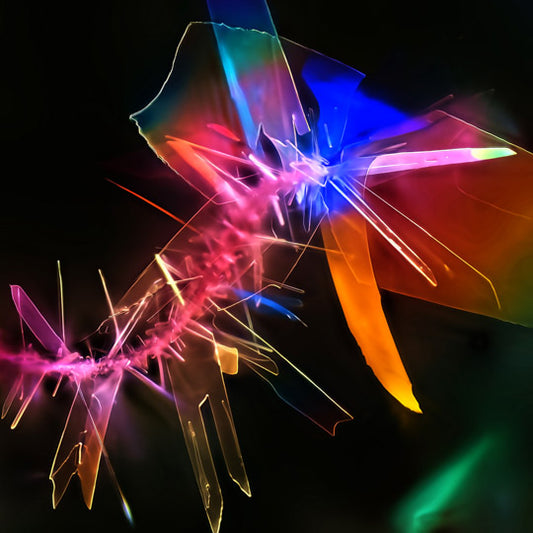 Mikrokristalle von Benzoesäure unter polarisiertem Licht mit leuchtenden pinken, blauen und orangefarbenen Strukturen auf schwarzem Hintergrund.