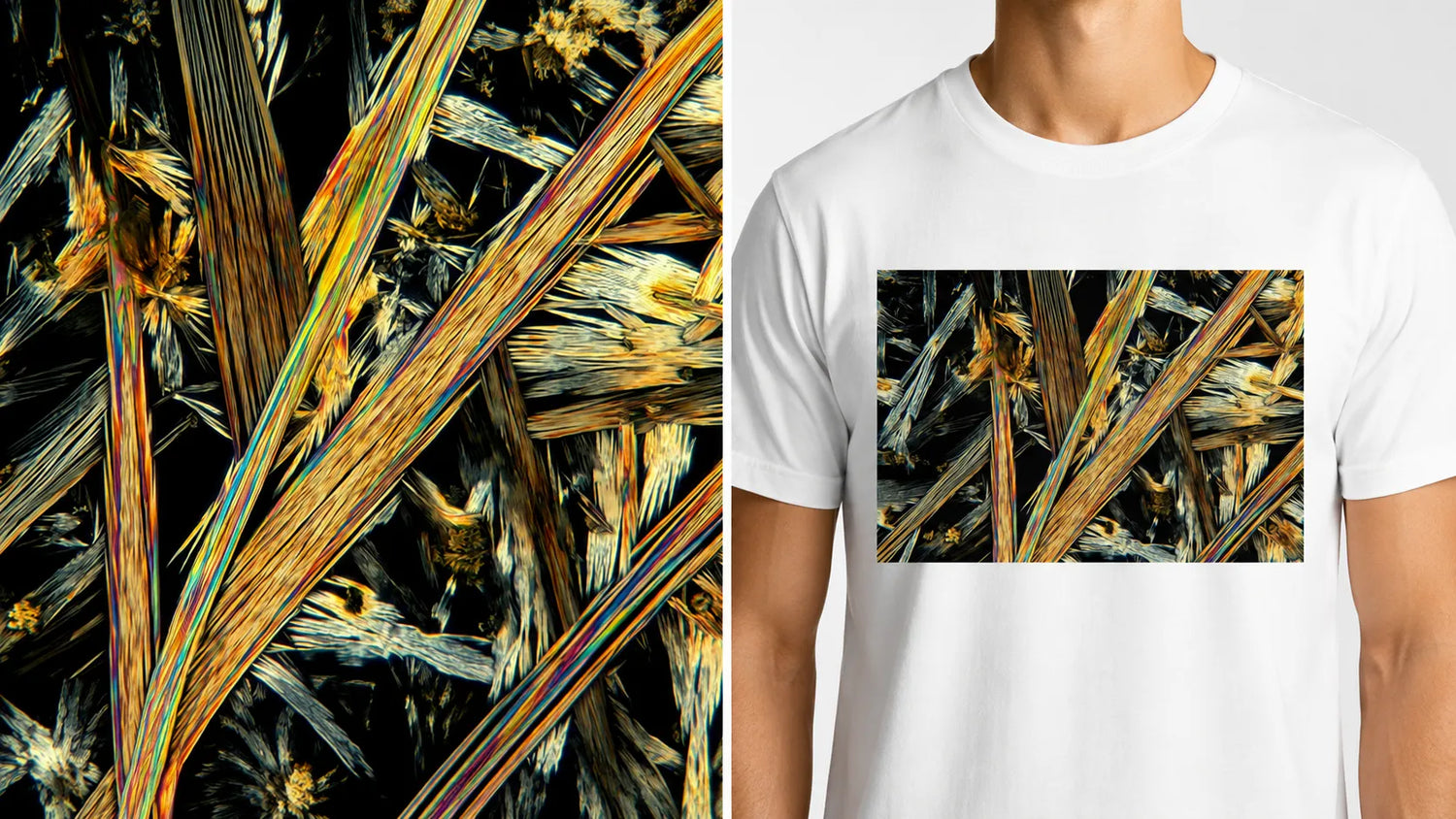 Echte Mikrokristall-Fotografie und daraus entstandenes Motiv auf einem weißen Shirt