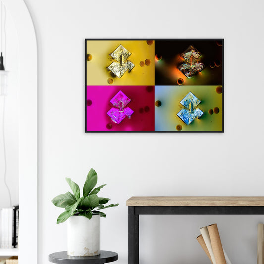 Sojasoße als Mikrokristall-Poster mit Holzrahmen auf Basis echter Mikroskop-Fotografie mit feinen kristallinen Strukturen