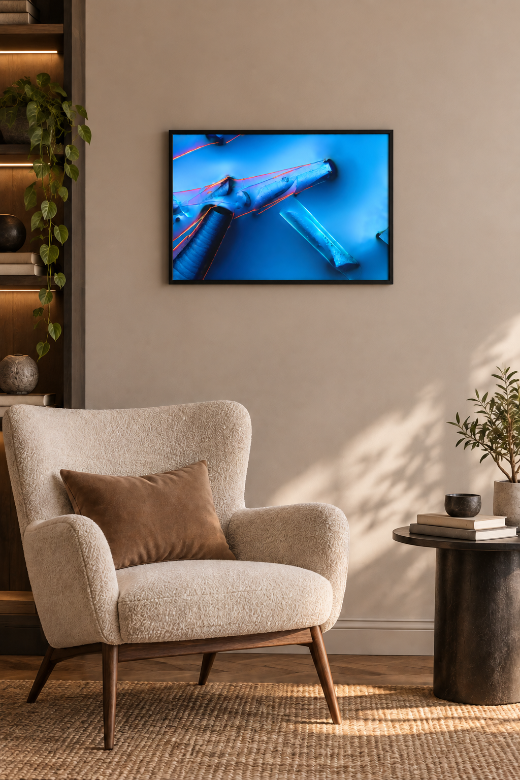 Alaun mit Öl als echtes Mikrokristall-Wandbild im Holzrahmen im Format 90 × 60 cm über einem Sessel – Raumdarstellung als Mockup