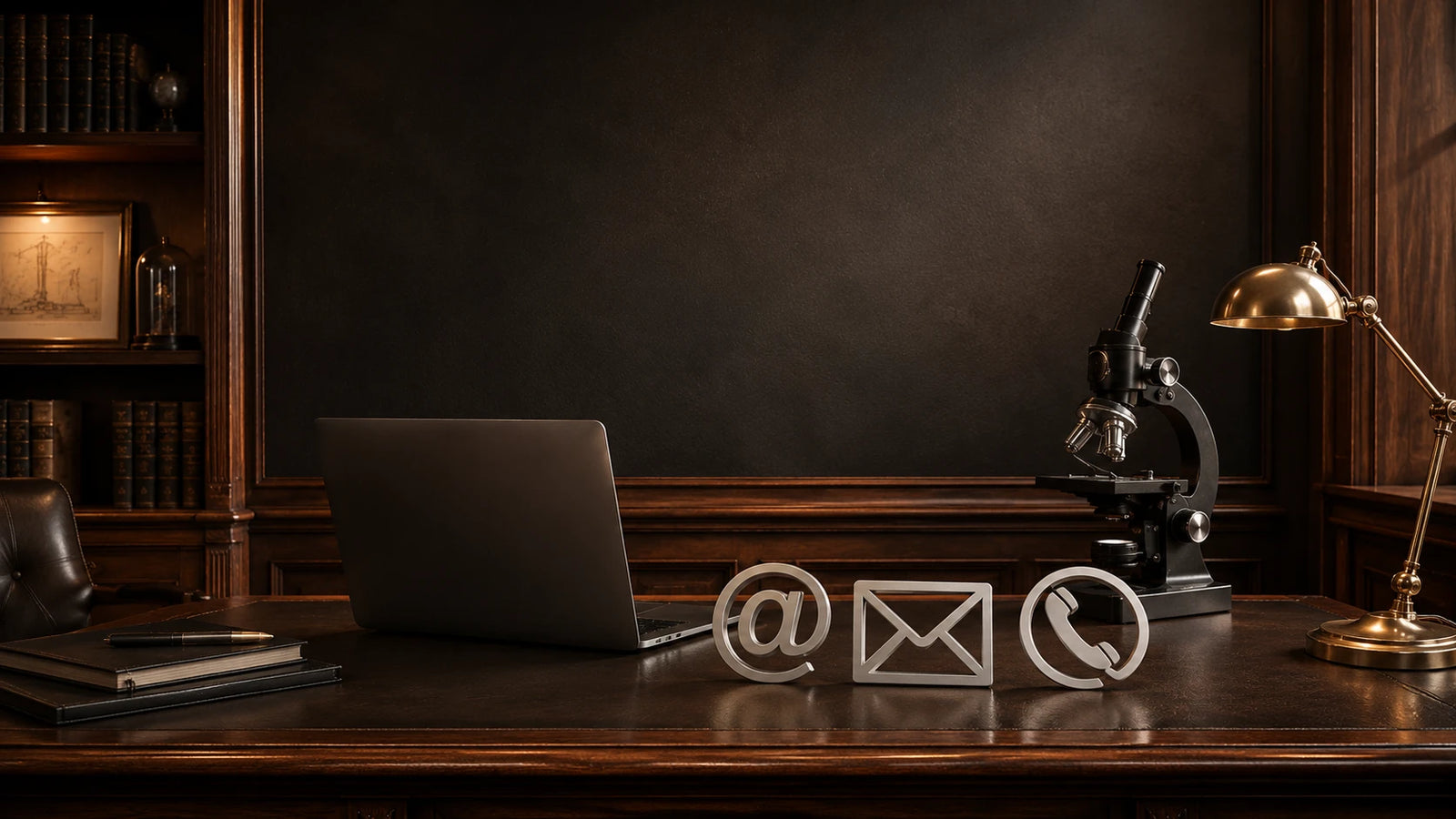 Dunkles, hochwertiges Büro mit klassischem Holzschreibtisch, modernem Laptop, Mikroskop und silbernen Kontaktsymbolen für E-Mail, Telefon und Online-Kontakt zum wioostore.