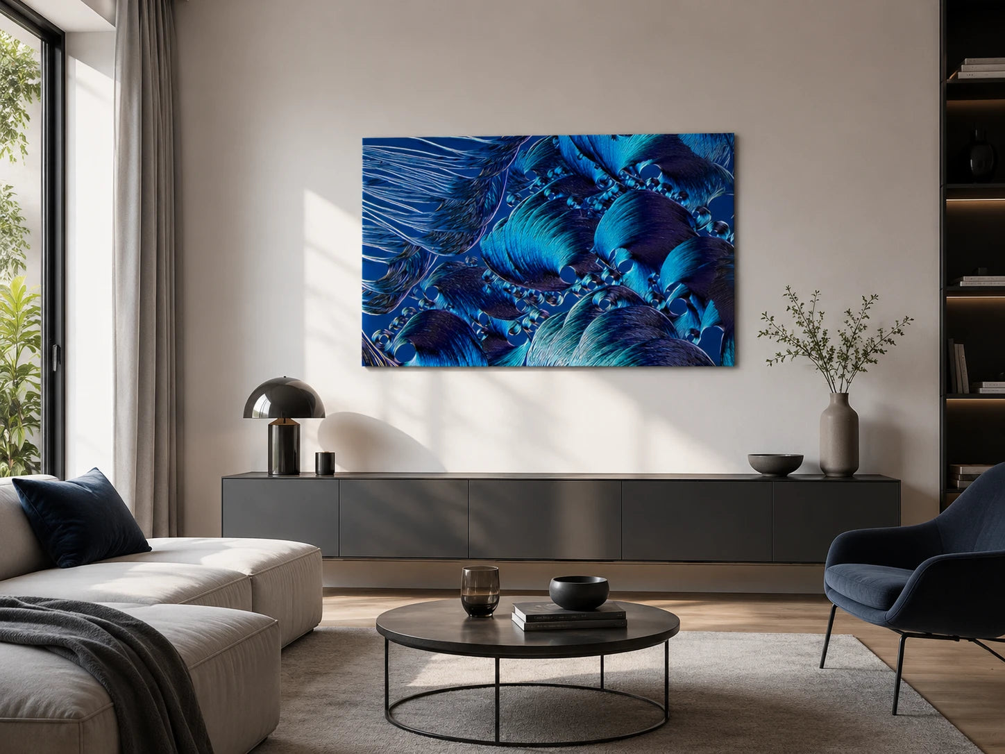 Mikrokristall-Wandbild „Broadacid“ mit blau-türkisen Kristallstrukturen in einem modernen Wohnzimmer – hochwertige Wanddekoration für moderne Räume.