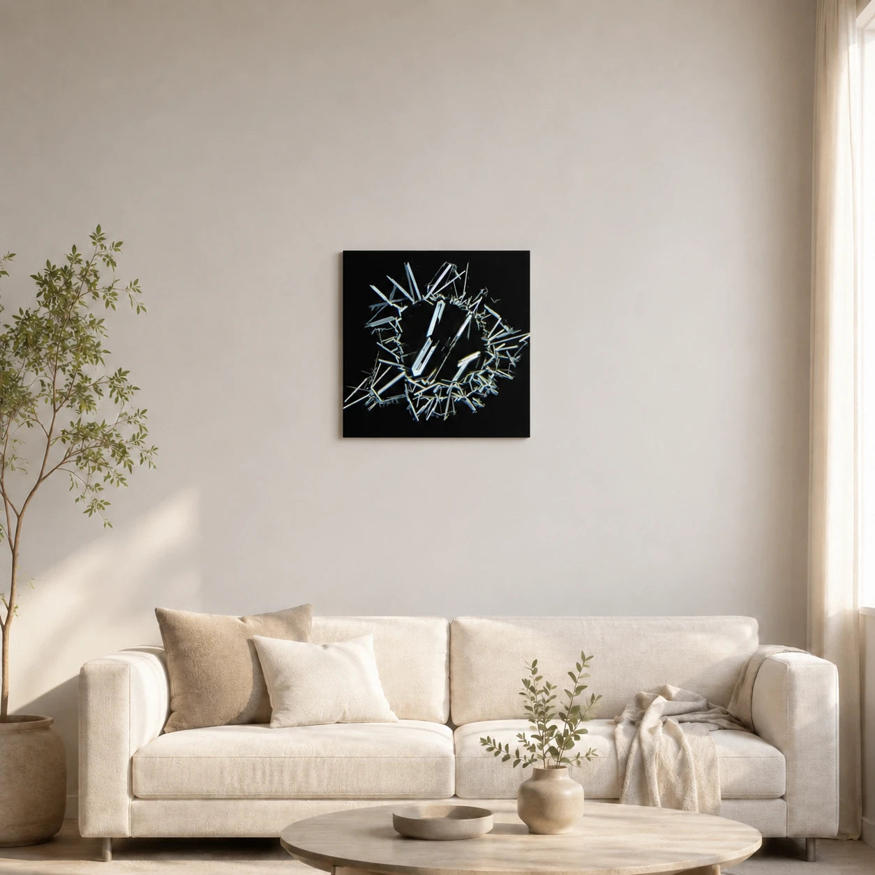 Forex Wandbild Harnstoff mit Weinsäure als Mikrokristallfoto an moderner Wohnzimmerwand