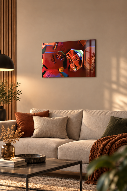 Monoammoniumphosphat als echtes Mikrokristall-Wandbild auf Acrylglas im Format 90 × 60 cm über einem Sofa – Raumdarstellung als Mockup