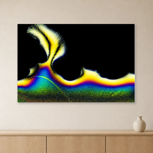Vitamin C als Mikrokristall-Wandbild auf Alu-Dibond: Gelb-blaue Kristallstruktur auf schwarzem Grund an heller Wand über einem Sideboard aus Eichenholz (Raum-Mockup).