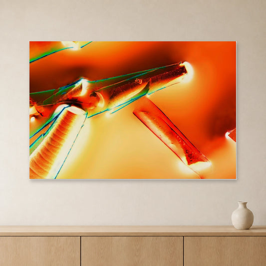Alaun mit Öl als Mikrokristall-Wandbild auf Forex – Negativbild: Orange-grüne Kristallformen im Negativbild an heller Wand über einem Sideboard aus Eichenholz (Raum-Mockup).