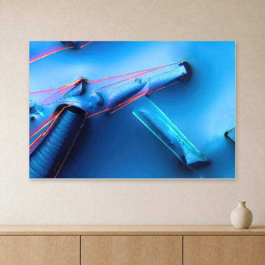 Alaun mit Öl als Mikrokristall-Wandbild auf Forex: Blaue und rosa Kristallformen an heller Wand über einem Sideboard aus Eichenholz (Raum-Mockup).