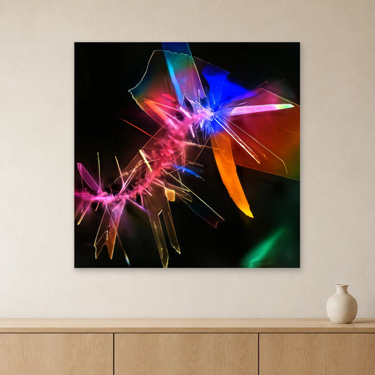 Benzoesäure als Mikrokristall-Wandbild auf Forex – Motiv 2: Bunte Kristallformen auf dunklem Grund an heller Wand über einem Sideboard aus Eichenholz (Raum-Mockup).