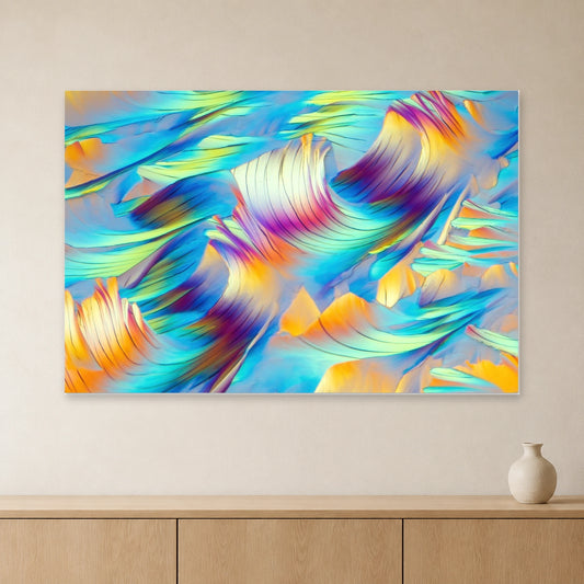 Beta-Alanin und L-Glutamin als Mikrokristall-Wandbild auf Forex – Motiv 1: Türkise, gelbe und orange Kristallfächer an heller Wand über einem Sideboard aus Eichenholz (Raum-Mockup).