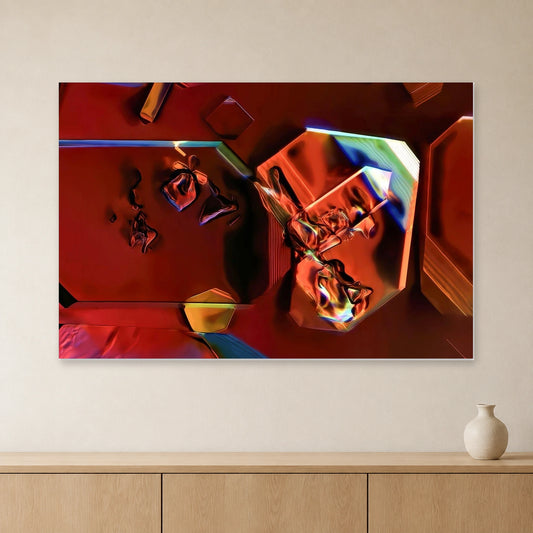 Monoammoniumphosphat als Mikrokristall Wandbilder auf Forex: Rot-orange Kristallformen mit blauen und grünen Akzenten an heller Wand über einem Sideboard aus Eichenholz (Raum-Mockup).