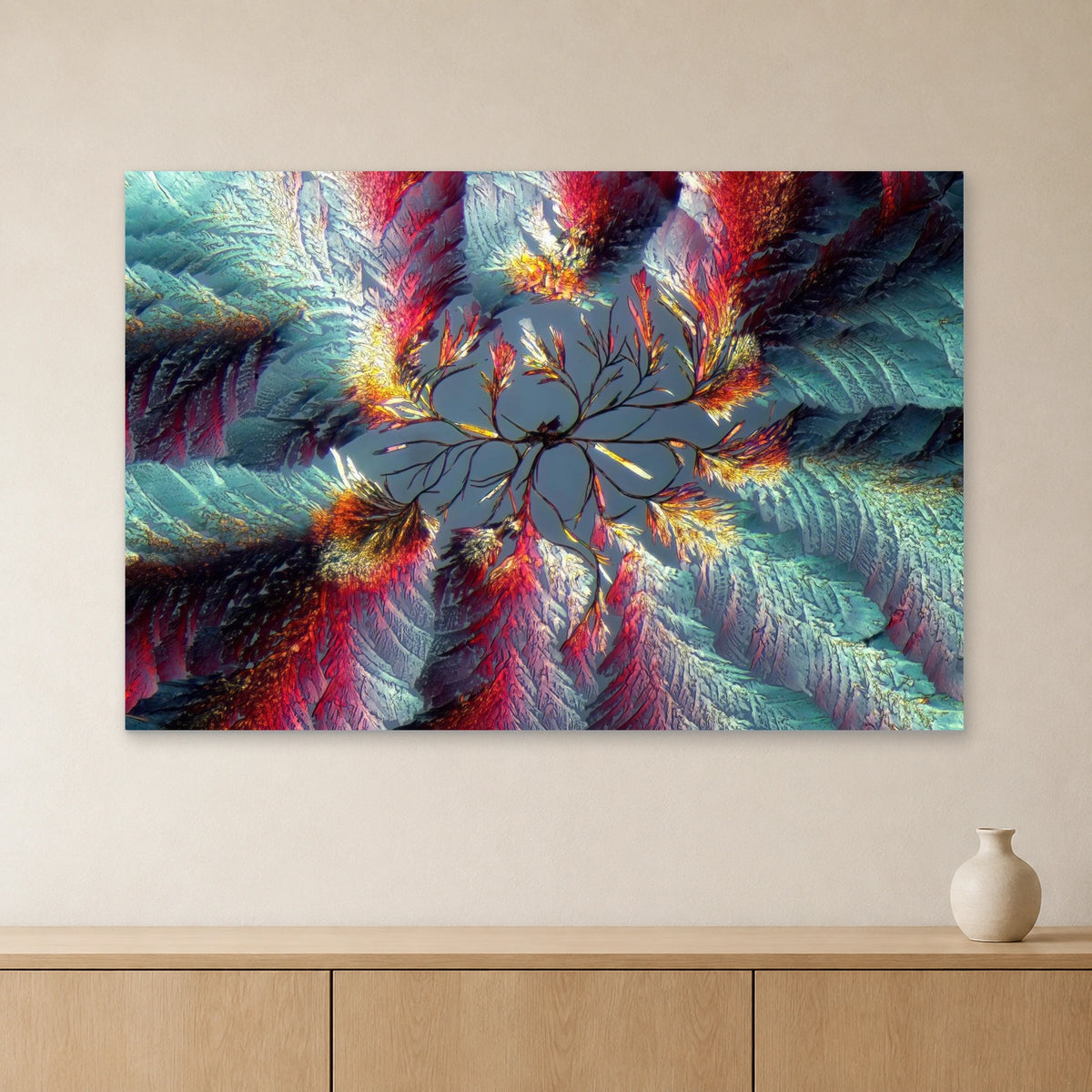 Zimtsäure als Mikrokristall-Wandbild auf Forex – Motiv 1: Mehrfarbige radiale Kristallstrukturen an heller Wand über einem Sideboard aus Eichenholz (Raum-Mockup).