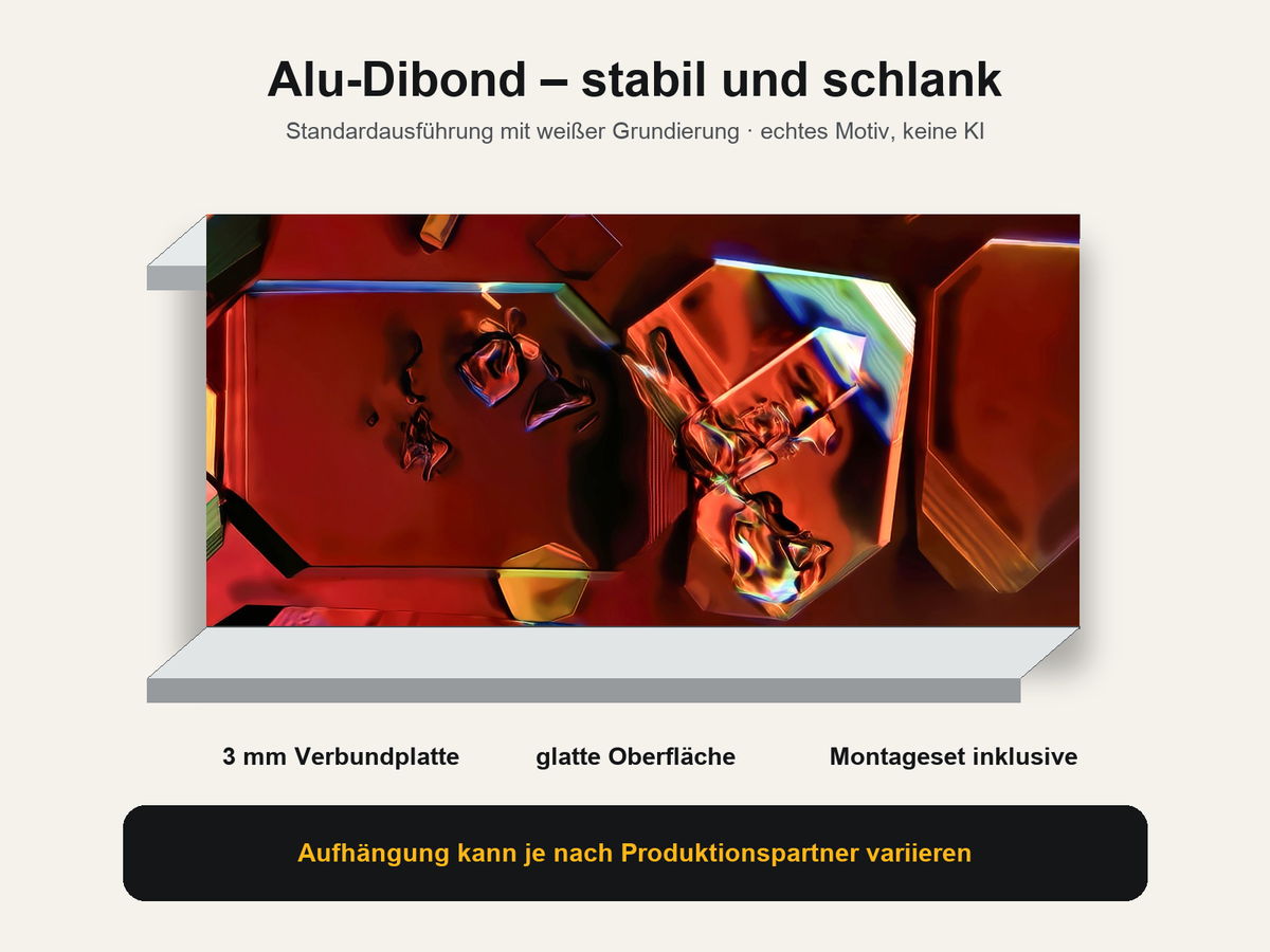 Alu-Dibond-Wandbild mit echtem WiooStore-Mikrokristallmotiv: 3 mm Verbundplatte und Montageset