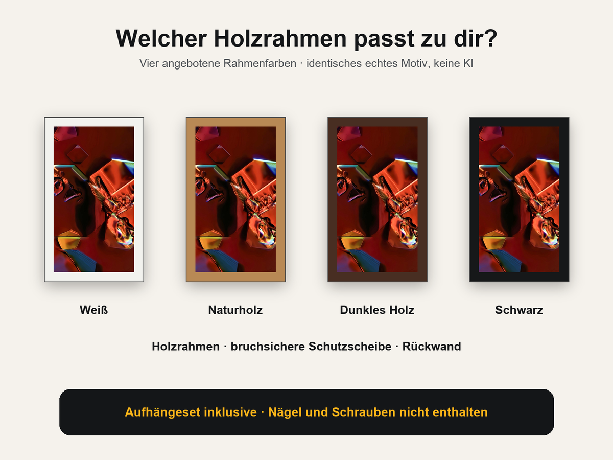 Gerahmtes Poster mit identischem echtem WiooStore-Mikrokristallmotiv in Weiß, Naturholz, dunklem Holz und Schwarz