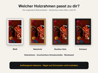 Gerahmtes Poster mit identischem echtem WiooStore-Mikrokristallmotiv in Weiß, Naturholz, dunklem Holz und Schwarz