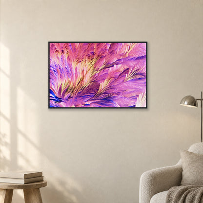 Beta-Alanin und L-Glutamin als Mikrokristall-Poster mit Holzrahmen – Motiv 1: Rosa und violette federartige Kristallstrukturen in schwarzem Holzrahmen an einer hellen Wand neben einer Leseecke (Raum-Mockup).