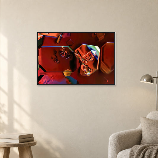 Monoammoniumphosphat als Mikrokristall Poster mit Holzrahmen: Rot-orange Kristalle mit hellen Kanten in schwarzem Holzrahmen an einer hellen Wand neben einer Leseecke (Raum-Mockup).