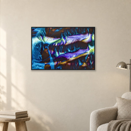 Paracetamol als Mikrokristall-Poster mit Holzrahmen: Blaue und violette Kristallbänder in schwarzem Holzrahmen an einer hellen Wand neben einer Leseecke (Raum-Mockup).