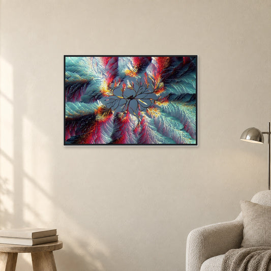 Zimtsäure als Mikrokristall-Poster mit Holzrahmen: Mehrfarbige strahlenförmige Kristallstrukturen in schwarzem Holzrahmen an einer hellen Wand neben einer Leseecke (Raum-Mockup).
