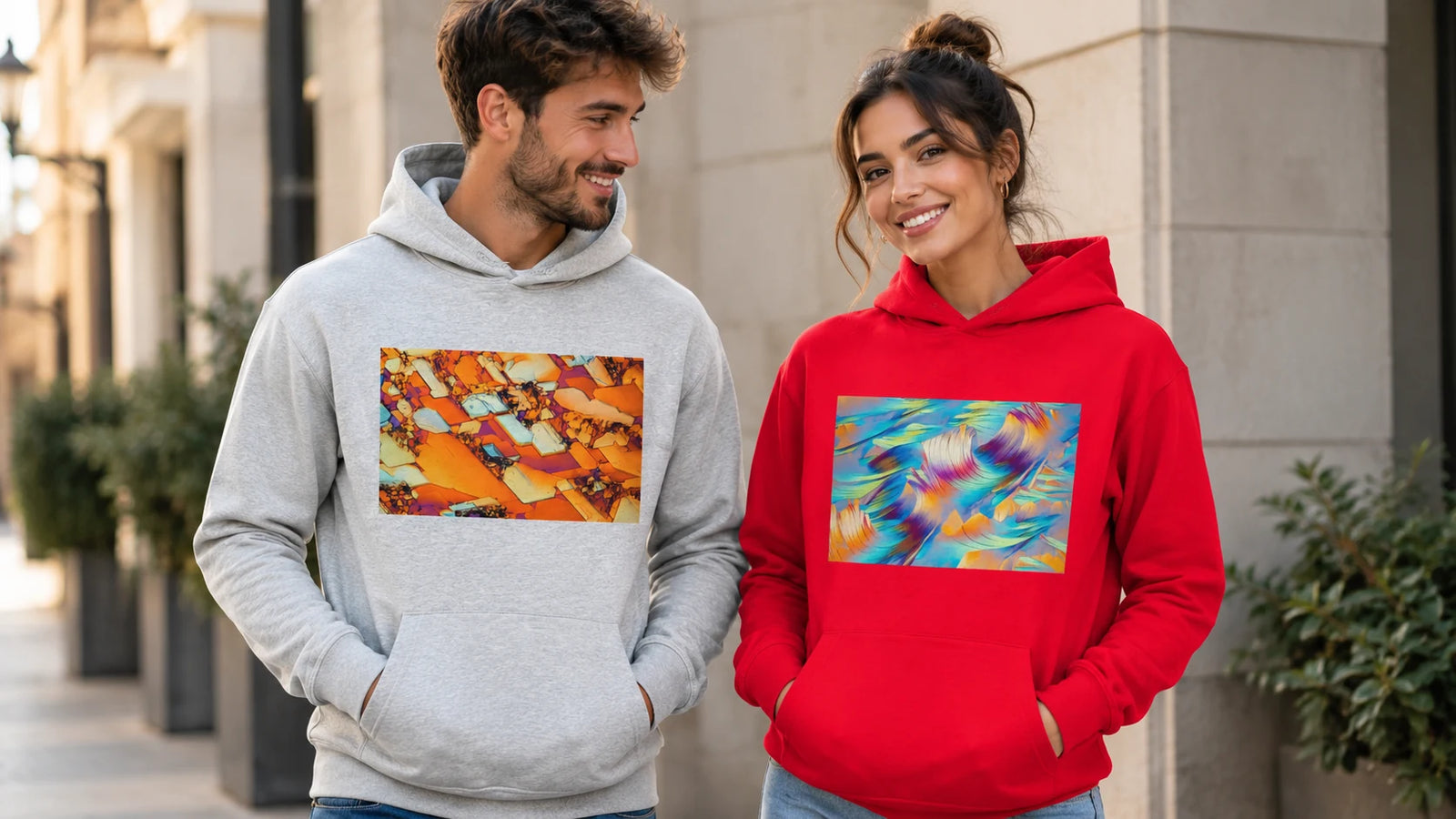 Mikrokristall Hoodies für Damen und Herren mit farbigen Mikroskop-Motiven im modernen Streetstyle