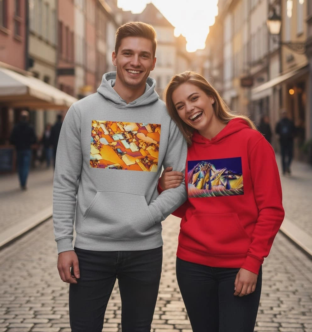 Frau und Mann mit Mikrokristall Hoodies und Motiven aus echter Mikroskop-Fotografie